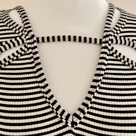 Free People, black and white striped T shirt with pretty cut-outs at neckline - Picture 2 of 10